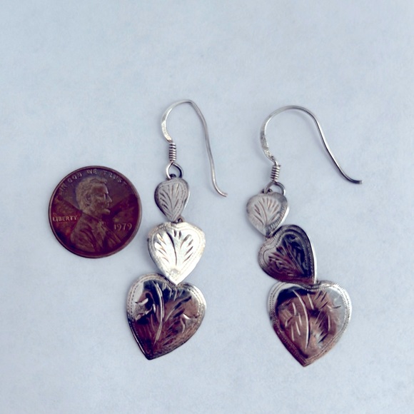 Three Hearts Sterling Silver Lightweight Drop Dangle Statement Earrings Vintage - Picture 7 of 10